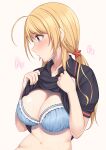  1girl ahoge blonde_hair blue_bra blue_eyes blush bra breasts cleavage closed_mouth clothes_lift collared_shirt hachimiya_meguru hair_ornament highres hiiragi_hajime idolmaster idolmaster_shiny_colors large_breasts lifted_by_self long_hair looking_away looking_to_the_side low_twintails navel shirt shirt_lift short_sleeves solo star_(symbol) star_hair_ornament stomach sweat twintails underwear upper_body 