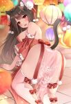  1girl :d all_fours animal_ear_fluff animal_ears ass bare_shoulders black_hair blurry breasts bun_cover cat_ears cat_girl cat_tail depth_of_field detached_sleeves dress frilled_sleeves frills from_behind katsushika_pachi lantern large_breasts long_hair looking_at_viewer looking_back open_mouth original panties paper_lantern pelvic_curtain pink_legwear red_dress red_eyes ribbon see-through smile solo tail tail_ornament tail_ribbon thighhighs thighs underwear white_panties 