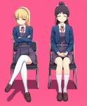  2girls bangs black_hair black_skirt blazer blonde_hair blue_jacket blunt_bangs bow brown_footwear chair closed_eyes closed_mouth collared_shirt commentary_request crossed_arms crossed_legs deadnooodles eyebrows_visible_through_hair hair_bow hairband hands_on_lap hazuki_ren heanna_sumire high_ponytail highres jacket kneehighs loafers long_hair long_sleeves love_live! love_live!_superstar!! multiple_girls neck_ribbon pink_background ponytail red_hairband red_ribbon ribbon school_uniform shiny_hiar shirt shoes sitting skirt thighhighs v-shaped_eyebrows white_legwear yellow_eyes 