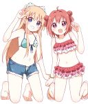  2girls :d absurdres ahoge akaza_akari arm_up bangs bare_arms bare_legs bare_shoulders barefoot bikini bikini_skirt blonde_hair blue_eyes blue_shorts blush bow bracelet breasts collarbone commentary_request denim denim_shorts double_bun eyebrows_visible_through_hair feet frilled_bikini frills front-tie_bikini front-tie_top full_body grin hair_bow hand_up happy highres jewelry kneeling long_hair looking_at_viewer medium_hair mesushio multicolored multicolored_bikini multicolored_clothes multiple_girls navel open_fly open_mouth polka_dot polka_dot_bikini polka_dot_bow purple_eyes red_bikini red_hair sandals short_shorts shorts simple_background small_breasts smile split_mouth stomach swimsuit teeth toes toshinou_kyouko very_long_hair w white_background white_bow yuru_yuri 