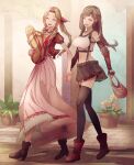  2girls :d ^_^ aerith_gainsborough bag bangs black_footwear black_gloves black_legwear black_skirt boots bread breasts brown_hair closed_eyes collarbone crop_top cropped_jacket dress earrings elbow_pads final_fantasy final_fantasy_vii final_fantasy_vii_remake fingerless_gloves flower food full_body gloves grocery_bag hair_ribbon high_heel_boots high_heels highres holding_hands jacket jewelry large_breasts long_hair long_legs low-tied_long_hair midriff mirrorclew multiple_girls open_mouth parted_bangs pink_dress plant potted_plant red_footwear red_jacket red_ribbon ribbon shadow shopping_bag short_sleeves skirt smile suspender_skirt suspenders swept_bangs tank_top thighhighs tifa_lockhart tri_drills upper_teeth walking white_tank_top zettai_ryouiki 