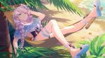  1065587906 animal beach blue_eyes braids breasts genshin_impact kiana_kaslana long_hair purple_hair tree water 