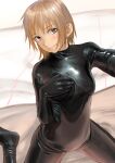  1girl absurdres bed bodysuit brown_eyes brown_hair hand_on_own_chest highres kilye_kairi latex looking_at_viewer original shiny shiny_clothes short_hair sitting skin_tight smile 