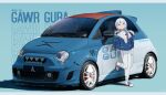  1girl bloop_(gawr_gura) blue_background blue_eyes blue_hair blue_jacket bodysuit car closed_mouth commentary english_commentary ex-trident fiat_nuova_500 full_body gawr_gura ground_vehicle hands_in_pockets highres hololive hololive_english jacket looking_at_viewer motor_vehicle multicolored_hair simple_background smile solo standing standing_on_one_leg two-tone_hair virtual_youtuber white_bodysuit white_hair 