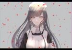  1girl akitama2727 apron bangs black_dress closed_mouth dress frown grey_background grey_eyes grey_hair hair_between_eyes hat long_hair looking_at_viewer nurse nurse_cap petals reality_arc_(sinoalice) simple_background sinoalice snow_white_(sinoalice) solo 