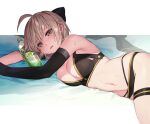  1girl ahoge bikini black_bikini bottle bow breasts commentary_request elbow_gloves fate/grand_order fate_(series) gloves hair_bow lying medium_breasts navel okita_souji_(fate)_(all) okita_souji_(swimsuit_assassin)_(fate) on_side sakanahen scarf scarf_removed single_elbow_glove swimsuit thigh_strap water wet 