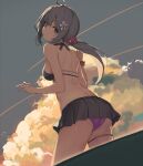  1girl ahoge akebono_(kancolle) ass bikini black_bikini blue_eyes blue_sky breasts closed_mouth cloud commentary eyebrows_visible_through_hair flower from_behind hair_flower hair_ornament highres kantai_collection long_hair looking_at_viewer medium_breasts oweee ponytail purple_hair sky solo swimsuit 