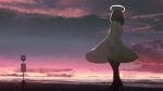  1girl brown_hair cloud commentary_request daruma_karei dress from_behind full_body halo high_heels horizon long_sleeves medium_hair original road_sign scenery sign sky solo standing sunset white_dress 