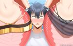  0_0 1boy 2girls black_hair blacksaikou blank_eyes blush commentary english_commentary eyebrows_visible_through_hair girl_sandwich kurusu_kimihito lamia long_hair looking_at_viewer miia&#039;s_mother miia_(monster_musume) mole_on_crotch monster_girl monster_musume_no_iru_nichijou mother_and_daughter multiple_girls navel navel_piercing no_panties nose_blush open_mouth orange_hair out_of_frame panties piercing revealing_clothes sandwiched sarong scales shirt stomach sweatdrop underwear very_long_hair white_panties white_shirt 