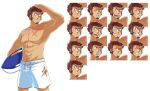  1boy :o abs absurdres alternate_costume bare_pectorals beach blue_eyes blush brown_hair closed_eyes closed_mouth day embarrassed expressions facial_hair fate/grand_order fate_(series) feet_out_of_frame goatee highres holding holding_surfboard long_sideburns looking_at_viewer male_focus male_swimwear muscular muscular_male napoleon_bonaparte_(fate) navel nipples no_nipples one_eye_closed pectorals salute sand scar scar_on_chest short_hair sideburns smile smug stomach surfboard swim_trunks vincent-san white_background white_male_swimwear 