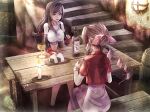  2girls aerith_gainsborough bangs bar bottle breasts candle candlelight casket collarbone cup dress elbow_gloves eyebrows_visible_through_hair final_fantasy final_fantasy_vii fingerless_gloves food gloves hair_ribbon highres jacket large_breasts long_hair low-tied_long_hair mirrorclew multiple_girls onigiri open_mouth picnic_table pink_dress pink_ribbon red_eyes red_gloves red_jacket ribbon sitting stairs swept_bangs table tank_top taut_clothes tifa_lockhart white_tank_top wine_bottle 