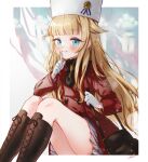  1girl absurdres artist_name bad_hands bag bangs black_neckwear blue_eyes blunt_bangs blurry blurry_background blush boots brooch brown_footwear coat commentary_request gloves handbag highres jewelry knee_boots knees_up long_hair partial_commentary princess_(princess_principal) princess_principal red_coat sitting solo syukonbu very_long_hair white_gloves white_headwear 