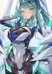  1girl bangs breasts chest_jewel earrings gem gloves green_eyes green_hair headpiece hinot jewelry large_breasts long_hair pneuma_(xenoblade) ponytail solo swept_bangs tiara very_long_hair xenoblade_chronicles_(series) xenoblade_chronicles_2 