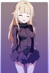  1girl arms_at_sides bangs black_dress blonde_hair blunt_bangs breasts closed_eyes commentary_request dress facing_viewer frilled_dress frills gradient gradient_background long_hair long_sleeves princess_(princess_principal) princess_principal small_breasts solo tokoroten 