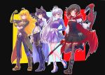  4girls ahoge animal_ears arm_ribbon belt black_background black_dress black_footwear black_hair black_legwear blake_belladonna blonde_hair blue_eyes breasts brown_jacket cape cat_ears cloak coattails commentary_request corset crescent_rose cropped_jacket dress earrings ember_celica_(rwby) extra_ears frilled_dress frills gambol_shroud gradient_hair grey_eyes hand_on_hilt high_collar high_heels highres holding holding_scythe holding_weapon hood hooded_cloak iesupa jacket jewelry large_breasts long_hair long_sleeves looking_at_viewer midriff multicolored_hair multiple_girls myrtenaster navel necklace pendant prosthesis prosthetic_arm purple_eyes red_cape red_hair ribbon ruby_rose rwby scar scar_across_eye scythe short_hair side_ponytail tiara two-tone_hair wavy_hair weapon weiss_schnee white_hair yang_xiao_long yellow_eyes 