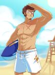  1boy abs absurdres alternate_costume bare_pectorals beach blue_eyes brown_hair day facial_hair fate/grand_order fate_(series) feet_out_of_frame goatee highres holding holding_surfboard long_sideburns looking_at_viewer male_focus male_swimwear muscular muscular_male napoleon_bonaparte_(fate) navel nipples no_nipples pectorals salute sand scar scar_on_chest short_hair sideburns smile solo stomach surfboard swim_trunks vincent-san white_male_swimwear 