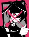  1boy ahoge alternate_eye_color bangs black_hair buttons commentary_request cross danganronpa_(series) danganronpa_v3:_killing_harmony double-breasted grey_background hair_between_eyes hand_up iei jacket long_sleeves looking_at_viewer pink_background pink_blood saihara_shuuichi sasakama_(sasagaki01) short_hair simple_background solo spot_color upper_body 