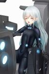  1girl absurdres alternate_costume black_bodysuit blush bodysuit breasts covered_navel eyebrows_visible_through_hair g11_(girls&#039;_frontline) gantz gantz_suit girls&#039;_frontline guchagucha highres latex_bodysuit long_hair looking_at_viewer neon_lights one_eye_closed open_mouth silver_hair sitting skin_tight solo white_background yawning yellow_eyes 