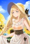 1girl bikini blonde_hair blue_eyes braid bug butterfly character_name closed_mouth dress energy_wings english_text flower hair_flower hair_ornament hat highres insect long_hair looking_at_viewer low_braid nomi_(kurocxx110) rapunzel_(sinoalice) see-through_dress sidelocks sinoalice sky smile solo straw_hat summer sundress sunflower swimsuit twin_braids very_long_hair yellow_flower 