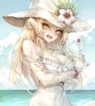  1girl au_ra bare_shoulders beach black_nails blonde_hair blue_sky blush bow breasts cherry cleavage cloud cocktail_glass covered_navel crossed_arms cup curled_horns day dragon_girl dragon_horns drinking_glass eyelashes final_fantasy final_fantasy_xiv fingernails flower food fruit hat hat_flower hibiscus highres holding holding_cup horns long_hair medium_breasts nawliensuzu ocean one-piece_swimsuit open_mouth orange_eyes outdoors pink_flower scales sky solo straight_hair sun_hat swimsuit teeth water white_bow white_flower white_horns white_swimsuit wrist_flower 