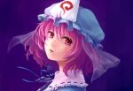  bangs blue_dress blue_headwear dress eyebrows_visible_through_hair ghost lips nora_(le-chat-noir) parted_lips pink_eyes pink_hair purple_background saigyouji_yuyuko short_hair simple_background touhou 