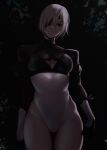  1girl absurdres alternate_costume breasts chainsaw_man cleavage cleavage_cutout clothing_cutout cosplay cowboy_shot eyepatch frown gloves groin hair_between_eyes hair_over_one_eye highres long_sleeves looking_at_viewer medium_hair quanxi_(chainsaw_man) solo standing thighs white_hair yorha_no._2_type_b yorha_no._2_type_b_(cosplay) zaki_(zaki_btw) 