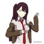  1girl absurdres alternate_costume crossover exonessis eyebrows_visible_through_hair girls&#039;_frontline highres jacket long_sleeves looking_at_viewer makise_kurisu purple_hair red_neckwear side_ponytail simple_background solo steins;gate upper_body wa2000_(girls&#039;_frontline) white_background 