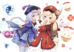  2girls :d absurdres ahoge backpack bag bag_charm bandaged_leg bandages bangs bead_necklace beads bent_over braid brown_gloves brown_scarf cabbie_hat cape charm_(object) clover_print coat coin_hair_ornament commentary_request dodoco_(genshin_impact) eyebrows_visible_through_hair from_side genshin_impact gloves hair_between_eyes hands_on_another&#039;s_cheeks hands_on_another&#039;s_face hat hat_feather hat_ornament highres hooded_coat jewelry jiangshi jumpy_dumpty klee_(genshin_impact) light_brown_hair long_hair long_sleeves looking_at_viewer looking_to_the_side low_ponytail low_twintails multiple_girls necklace ofuda open_mouth orange_eyes orb parted_lips pocket pointing purple_eyes purple_hair qing_guanmao qiqi_(genshin_impact) randoseru red_coat red_headwear scarf sidelocks simple_background single_braid smile thighhighs twintails white_background white_legwear wide_sleeves yin_yang yin_yang_orb yu_e_baba zettai_ryouiki 