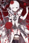  1girl armor armored_dress boots cape clothing_cutout elbow_gloves expressionless eyebrows_visible_through_hair flower gloves grey_eyes hair_flower hair_ornament highres holding holding_scythe hood hood_down legband looking_at_viewer mi_mu navel_cutout petals red_flower red_rose rose scythe sidelocks sinoalice snow_white_(sinoalice) solo thigh_boots thighhighs torn_cape torn_clothes veil white_gloves white_hair 