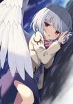 1girl :o \||/ angel_wings bangs beige_jacket bow bowtie brooch cloud commentary_request dress dutch_angle eyebrows_visible_through_hair feathered_wings feet_out_of_frame highres jacket jewelry kishin_sagume kochi_michikaze long_sleeves looking_to_the_side on_ground open_clothes open_jacket parted_lips purple_dress red_bow red_eyes red_neckwear short_hair silver_hair single_wing sky solo swept_bangs touhou wings 