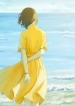  1girl arms_behind_back beach brown_hair cloud dress from_behind highres horizon ocean original papi_(papiron100) short_hair signature sky solo watch water wind wristwatch yellow_dress 