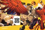  2boys armor ass back-to-back bara blonde_hair blue_bodysuit blue_eyes bodysuit boku_no_hero_academia bulge collage covered_abs english_text facial_hair feathered_wings feet_out_of_frame fire happy_birthday hawks_(boku_no_hero_academia) headphones highres jacket koooogasya large_pectorals legs_apart male_focus multiple_boys muscular muscular_male pauldrons pectorals red_hair scar scar_across_eye short_hair shoulder_armor smile spiked_hair stubble thick_thighs thighs todoroki_enji wings 