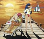  1980s_(style) 2girls arm_behind_head arm_up barefoot beach_chair blue_hair boat bracelet character_print closed_eyes dark-skinned_female dark_skin day dirty_pair drink eyewear_on_head headband holding holding_drink hood hoodie jewelry kei_(dirty_pair) long_hair multiple_girls official_art open_magazine outdoors pier reading red_eyes red_hair retro_artstyle rope short_hair smile standing sunset swimsuit swimsuit_under_clothes tank_top towel watercraft wristband yuri_(dirty_pair) 