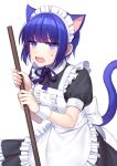  1girl animal_ears apron bangs blue_hair blue_ribbon blush cat_ears cat_tail center_frills collared_dress commentary_request eyebrows_visible_through_hair frilled_apron frills highres holding jenevan looking_at_viewer maid maid_apron maid_headdress male_focus neck_ribbon open_mouth original purple_eyes ribbon short_hair short_sleeves simple_background solo tail white_apron white_background wrist_cuffs 