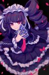  1girl bangs black_background black_hair black_nails blunt_bangs bonnet card celestia_ludenberg commentary_request danganronpa:_trigger_happy_havoc danganronpa_(series) drill_hair frilled_skirt frills gothic_lolita hand_up holding holding_card layered_skirt lolita_fashion long_hair long_sleeves looking_at_viewer necktie playing_card red_eyes red_neckwear sasakama_(sasagaki01) skirt smile solo twin_drills twintails 