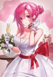  1girl azur_lane bangs bare_shoulders black_prince_(azur_lane) black_prince_(pop_the_cork)_(azur_lane) blush box breasts cleavage closed_mouth collarbone commentary_request cup dress drinking_glass earrings eyebrows_visible_through_hair flower gloves hair_ornament hairclip hand_up highres holding holding_cup jewelry kiki-yu long_hair looking_at_viewer medium_breasts pink_eyes pink_hair simple_background smile solo table vase white_dress white_gloves wine_glass 