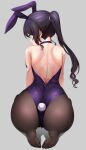  1girl animal_ears ass bangs black_hair blue_eyes character_request choker copyright_request ear_piercing eyebrows fake_animal_ears hair_tie highres leotard pantyhose piercing playboy_bunny_leotard ponytail pout rabbit_ears sitting solo sweat tattoo tem10 wariza 