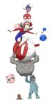  1girl balancing blue_overalls bow brown_eyes brown_hair cabbie_hat commentary_request diglett electrode gen_1_pokemon gen_2_pokemon gen_4_pokemon graveler hat hat_bow highres igglybuff jigglypuff knees_together_feet_apart long_hair lyra_(pokemon) machop marill mikami mime_jr. on_head outstretched_arms poke_ball poke_ball_(basic) pokemon pokemon_(creature) pokemon_(game) pokemon_hgss pokemon_on_arm pokemon_on_head red_bow red_footwear red_shirt shirt shoes simple_background sitting sweat thighhighs twintails voltorb white_background white_headwear white_legwear 