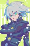  1boy :o ahoge android armor bangs black_gloves black_jacket commentary_request danganronpa_(series) danganronpa_v3:_killing_harmony dated gloves grey_hair hair_between_eyes hand_up jacket keebo male_focus open_mouth power_armor sasakama_(sasagaki01) short_hair solo squinting star_(symbol) star_print upper_body yellow_background 