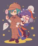 2boys :d :o bangs black_background black_ribbon blush_stickers brown_capelet brown_jacket brown_pants candy capelet commentary_request costume danganronpa_(series) danganronpa_v3:_killing_harmony deerstalker detective food frown full_body ghost green_hair hair_between_eyes hat holding jacket jester jester_cap laughing lollipop magnifying_glass male_focus multiple_boys neck_ribbon notice_lines official_alternate_costume open_mouth ouma_kokichi pants ribbon saihara_shuuichi sasakama_(sasagaki01) shiny shiny_hair short_sleeves smile standing yellow_eyes 
