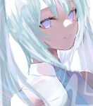  1girl absurdres blue_eyes blue_hair blue_neckwear collared_shirt commentary hatsune_miku highres long_hair necktie poono shirt simple_background sleeveless sleeveless_shirt solo twintails upper_body vocaloid white_background white_shirt 