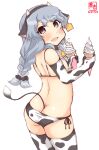  1girl alternate_costume anal_tail animal_ears animal_print artist_logo ass bikini braid butt_crack butt_plug cat_cutout clothing_cutout commentary_request contrapposto cow_ears cow_horns cow_print cow_tail cowboy_shot dated ear_tag elbow_gloves fake_animal_ears fake_horns fake_tail food from_behind gloves grey_eyes highres horns ice_cream ice_cream_cone kanon_(kurogane_knights) kantai_collection long_hair one-hour_drawing_challenge parted_lips sex_toy side-tie_bikini sidelocks silver_hair simple_background single_braid soft_serve solo standing swimsuit tail thighhighs wavy_hair white_background white_bikini white_gloves white_legwear yamagumo_(kancolle) 