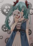  1girl aqua_eyelashes aqua_eyes aqua_hair blue_dress blurry blurry_background choker clown_mask collarbone colored_eyelashes covering_face dress empty_eyes gears grey_background hair_ribbon hatsune_miku highres holding holding_mask karakuri_pierrot_(vocaloid) mask nonda. pale_skin pierrot pleated_dress ribbon sad short_sleeves solo tearing_up twintails vocaloid 