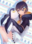  1girl bangs black_hoodie blonde_hair blue_eyes eyebrows_visible_through_hair highres holding holding_stuffed_toy hood hoodie looking_at_viewer nijisanji nijisanji_en petra_gurin short_hair skirt smile solo stuffed_animal stuffed_penguin stuffed_toy tsunakawa two-tone_hoodie virtual_youtuber white_hoodie white_skirt 