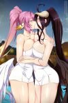  2girls ahoge albedo_(overlord) black_hair black_wings breast_press breasts collarbone commission crossover eye_contact feathered_wings horns jibril_(no_game_no_life) kiss large_breasts lindaroze long_hair looking_at_another multiple_girls naked_towel no_game_no_life overlord_(maruyama) pink_hair ponytail saliva standing symmetrical_docking towel white_wings wings yuri 
