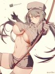  1girl at2. bangs blush bow_(weapon) breasts cleavage closed_mouth commentary_request copyright_name english_text eyebrows_visible_through_hair gloves grey_eyes grey_hair hat highres holding holding_bow_(weapon) holding_weapon long_hair looking_at_viewer midriff minecraft navel personification short_shorts shorts simple_background skeleton_(minecraft) skindentation solo thighhighs thighs twintails twitter_username underboob weapon white_background 
