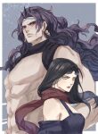  1boy 1girl abs bare_shoulders battle_tendency black_hair blue_eyes breasts closed_mouth dress earrings english_commentary eyewear_on_head height_difference horns jewelry jojo_no_kimyou_na_bouken kars_(jojo) large_breasts lisa_lisa long_hair looking_at_viewer manly mature_female muscular muscular_male pectorals purple_dress purple_hair red_eyes red_lips red_scarf scarf sunglasses very_long_hair wavy_hair yepnean 