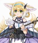  1girl absurdres animal_ears arknights bangs belt_pouch black_gloves blonde_hair blue_hairband ccclann clothing_cutout commentary_request dress earpiece english_commentary eyebrows_visible_through_hair fox_ears fox_tail gloves green_eyes hair_rings hairband highres holding holding_staff huge_filesize infection_monitor_(arknights) mixed-language_commentary multicolored_hair parted_lips pouch purple_skirt shoulder_cutout simple_background single_glove skirt solo staff streaked_hair suzuran_(arknights) tail twitter_username upper_body white_background white_dress white_hair 