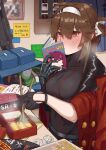  2girls absurdres belt black_gloves black_leotard blush book_to_mouth breasts brown_eyes brown_hair chinese_text chopsticks cleavage coat cookbook curtains dinergate_(girls&#039;_frontline) eating folded_hair food girls&#039;_frontline glove_garter gloves hair_ribbon highres holding holding_chopsticks indoors large_breasts leotard mechanical_arms multiple_girls obentou open_bag paper picture_frame recipe_(object) red_coat ribbon rice rlin sausage shirt short_hair_with_long_locks sign single_mechanical_arm snack solo_focus steam taut_clothes taut_shirt tied_hair translation_request type_79_(girls&#039;_frontline) type_79_smg wa2000_(girls&#039;_frontline) white_ribbon 