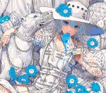  1girl bandaid blue_eyes blue_hair dog dress eating flower food hat hat_flower ice_cream minami_(minami373916) original smile white_dress 